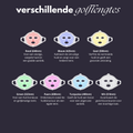 Overzicht van de 7 golflengtes van het ERAYS. LED masker: rood (640nm), blauw (425nm), geel (590nm), groen (523nm), paars (690nm), turquoise (490nm) en wit licht (510nm) voor een complete huidverzorging.