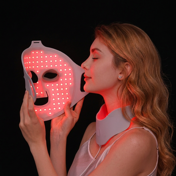 Demonstratie van het ERAYS. LED masker met rood licht.