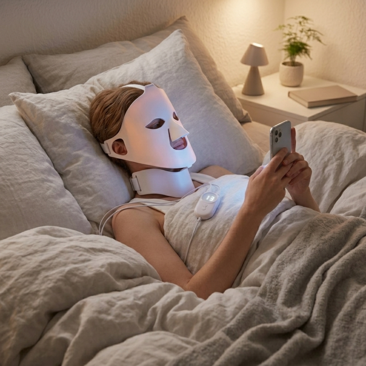 Vrouw ontspant in bed met het draadloze ERAYS. LED Skincare Glow Masker en nek-module tijdens haar avondroutine.