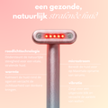 ERAYS. Studio 4-in-1 Wand infographic: combineert roodlichttechnologie, microstroom, warmte en vibratie. Ondersteunt een vitale huid en helpt bij het verzachten van wallen.