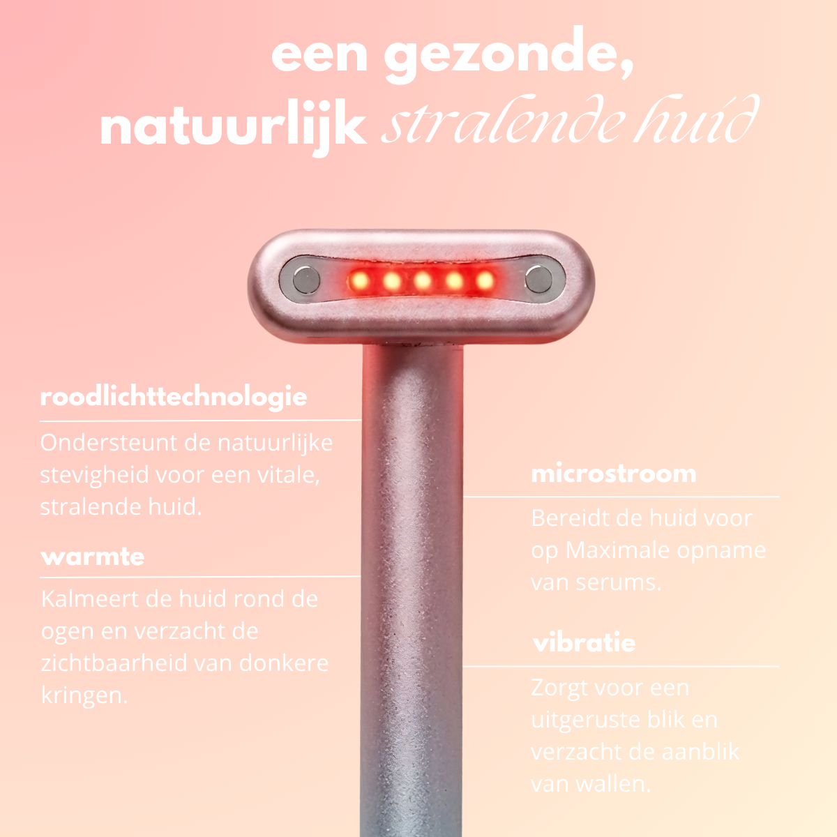 ERAYS. Studio 4-in-1 Wand infographic: combineert roodlichttechnologie, microstroom, warmte en vibratie. Ondersteunt een vitale huid en helpt bij het verzachten van wallen.